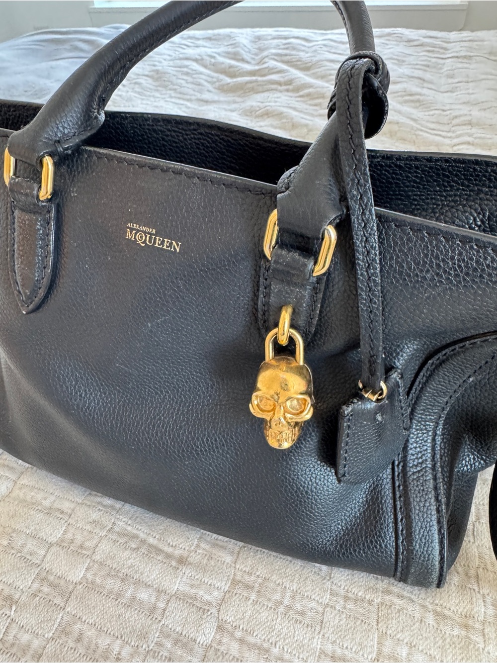 Alexander McQueen Black Leather Tote with Gold Skull Accent + crossbody strap